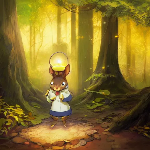 Prompt: concept art painting of an anthropomorphic anime chipmunk wearing a yellow cloak, holding a lantern, in the deep forest, realistic, detailed, cel shaded, in the style of makoto shinkai and greg rutkowski and james gurney