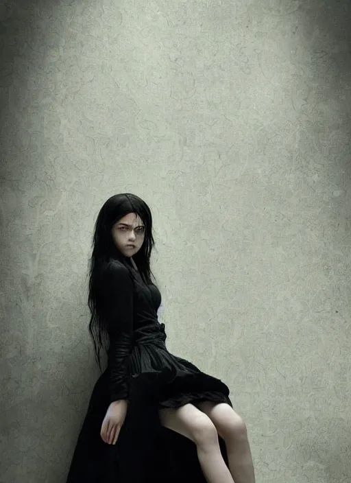 Image similar to a 1 4 year old girl eveline from resident evil 7 with straight long black hair wearing black dress that sitting on bathroom floor, photo for vogue, model エリサヘス s from acquamodels, art by artgem, greg rutkowski and alphonse mucha, render in re engine