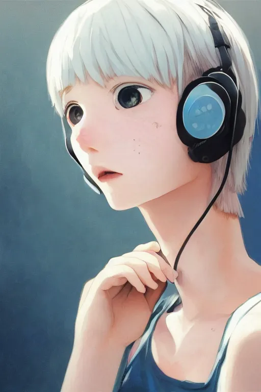 Image similar to a cute young woman listening to music with her eyes closed and wearing headphones by Range Murata, white bob cut hair, freckles, dark thunderclouds in the backround, blue filter, blue and white, vivid colors, soft lighting, cinematic, moody, nier automata, poster, oil on canvas, by Ilya Kuvshinov, by Krenz Cushart, 8k