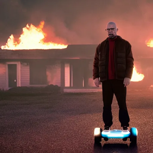 Image similar to Film still of Walter White standing on a hoverboard with several burning buildings behind him, centered, cinematic lighting, highly detailed, 8k