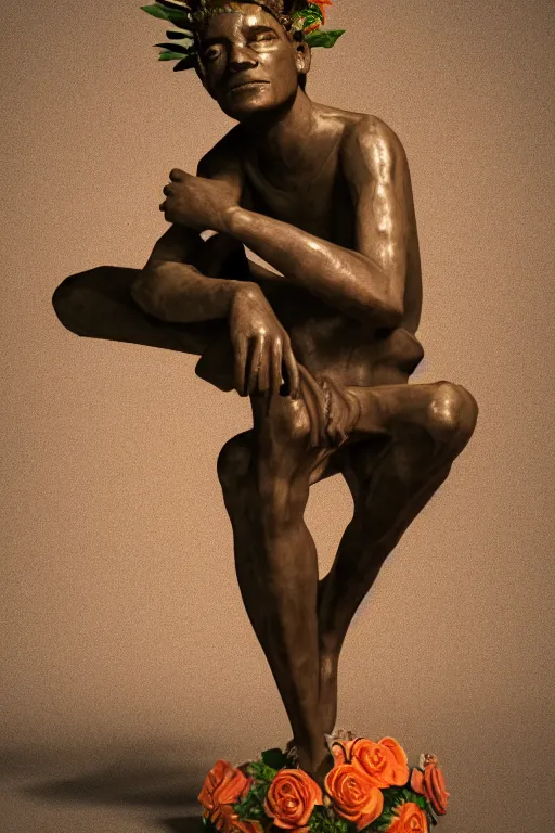 Image similar to a full-body bronze statue of Jean-Michel Basquiat sitting and thinking, wearing a rococo crown of peach roses, 3d octane render