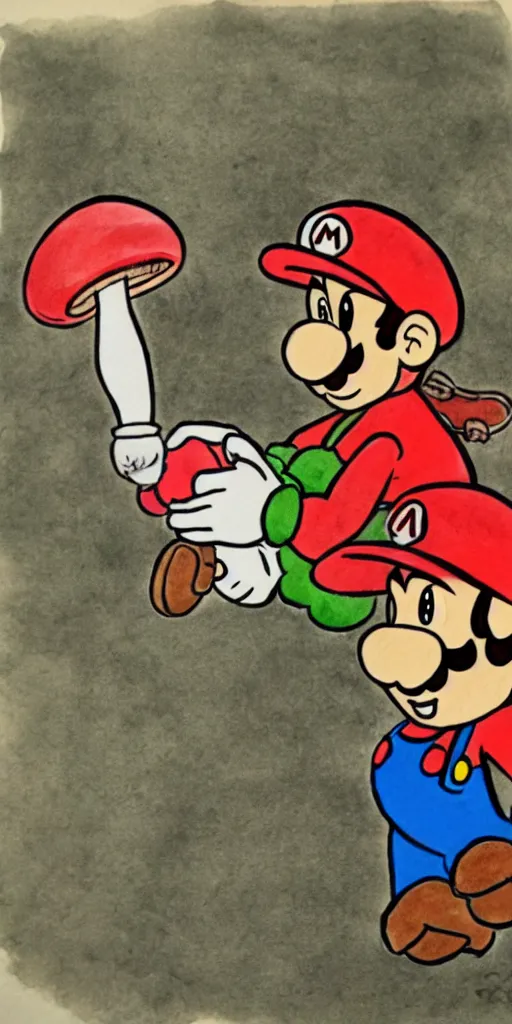 Image similar to Super Mario finds a mushroom, traditional Japanese ink wash painting