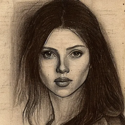 Image similar to a finished, detailed portrait drawing with reddish brown ink on parchment of a very young scarlett johansson, by leonardo davinci in davinci's style from one of his notebooks