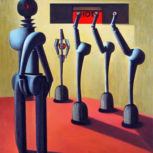 Image similar to a brutalist robot choir, pj crook, grant wood, edward hopper, syd mead, chiaroscuro, oil on canvas