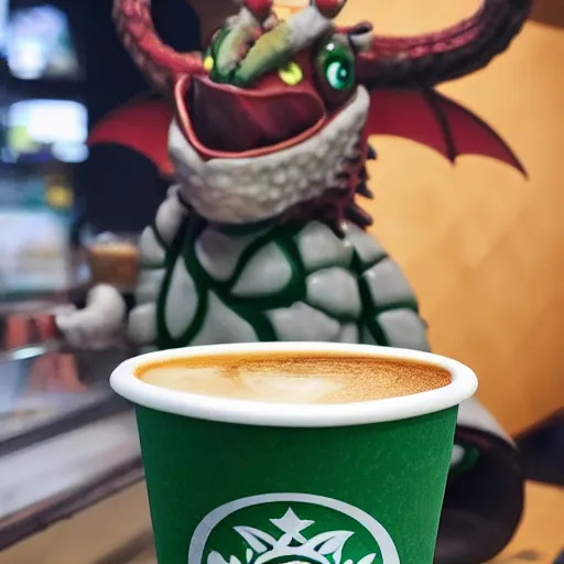 Image similar to a dragon getting coffee at starbucks. realistic high resolution color photo 2 0 2 2