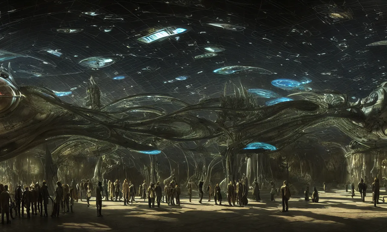 Prompt: dark exhibition hall of a solarpunk museum full of glass showcases with incredibly detailed dioramas of aliens and spaceships, fused into epoxide, high detail, render in unreal engine 5, still from new movie from digital domain and weta digital