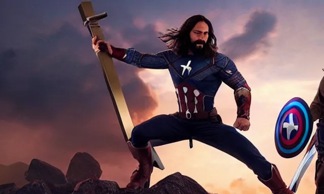 Image similar to jesus christ fighting alongside the avengers, using his cross as weapon, photorealistic, cinematic lighting, extremely detailed, marvel cinematic universe