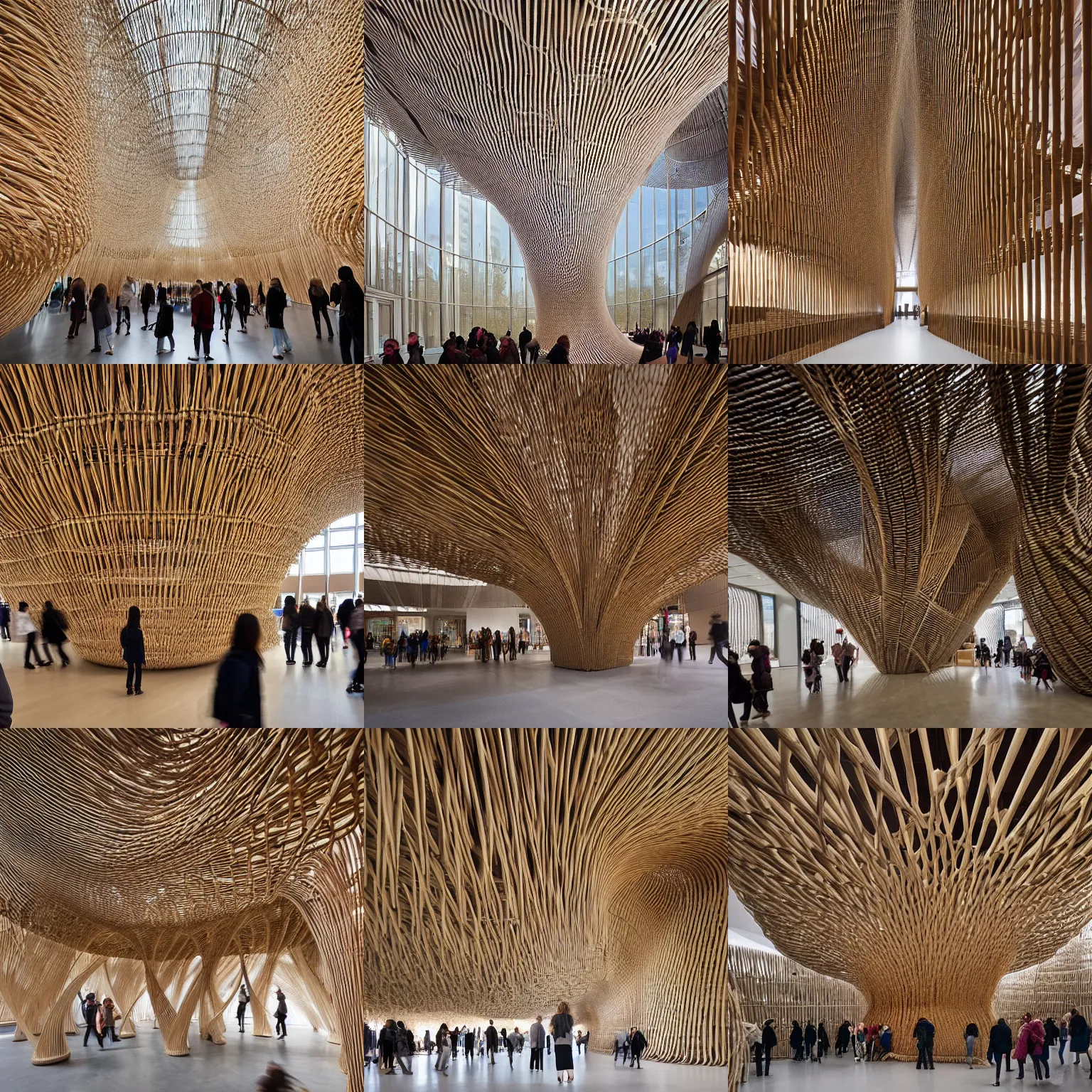 Prompt: a complex cultural centre made of willow woven around thick columns of rope, modern gallery furniture, crowds of people wandering through exhibitions, bright daylight indoor photo, a fusion of heatherwick and anne holtrop, indoor picture, architectural photography