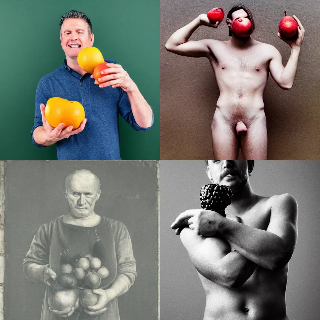 Prompt: man holding fruit, censored