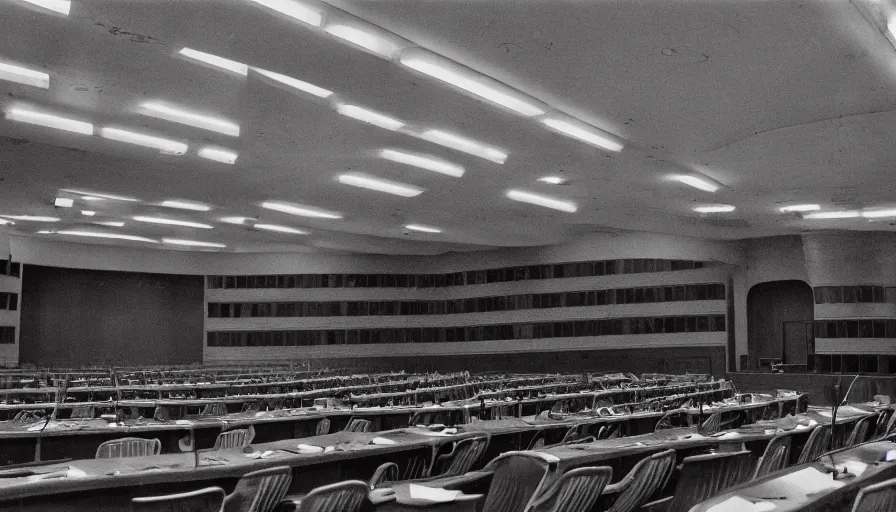 Image similar to 60s movie still of a sovietic stalinist style empty soviet congress with red wall, LOMOCHROME PURPLE FILM 100-400 35MM, liminal Space style, heavy grain