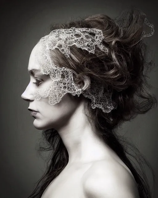 Prompt: a woman's face in profile, long flowing hair entwined in intricate decorative lace leaf skeleton, in the style of the dutch masters and gregory crewdson, dark and moody