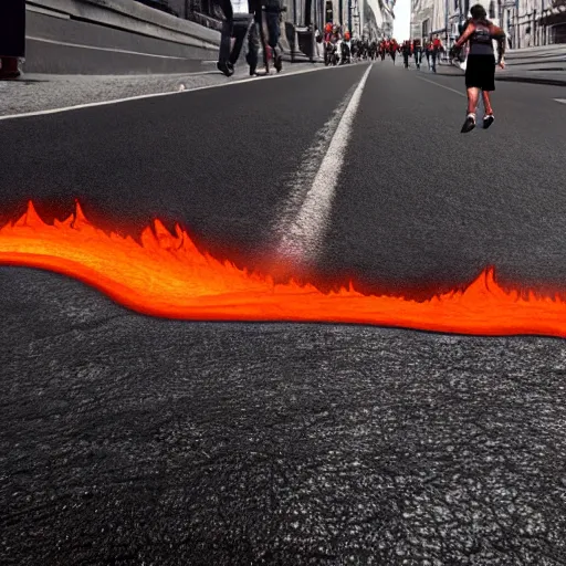 Prompt: lava coming out of cracks in the street, people running, cinematic, photorealistic