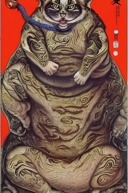 Image similar to obese tabby cat shaolin monk by alex grey, full body, extremely detailed