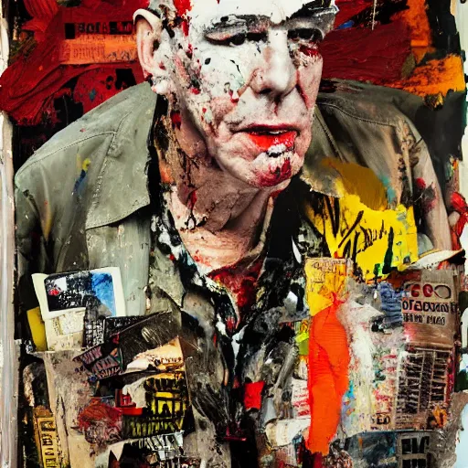 Image similar to hyperrealistic, photorealistic, mixed media oil painting of hunter s thompson, magazine scraps, plaster, blood, oil, mustard, splatter, greg rutkowski, basquiat, ralph steadman, wesley kimler, terry gilliam, andy warhol, dali