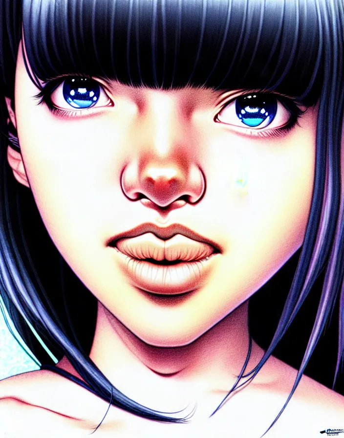 Image similar to extremely detailed color ink pen  illustration depicting an extreme close up face of a dainty young truant female stoner prep highschool school student with medium length silky straight iridescent black hair and lightly suntanned skin, illustrated by Artgerm and Range Murata.