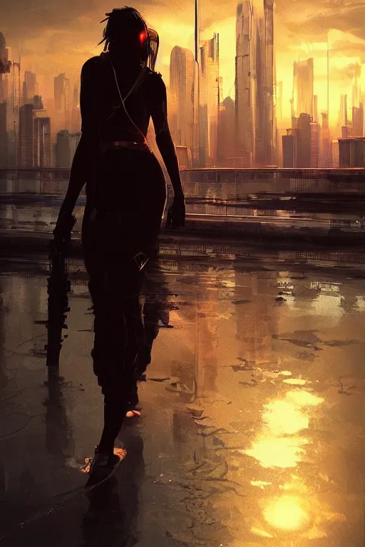 Image similar to a hitwoman is walking over water, sun set and skyscrappers of a cyberpunk city in the background, art by guweiz, dramatic lighting, highly detailed, incredible quality, trending on artstation