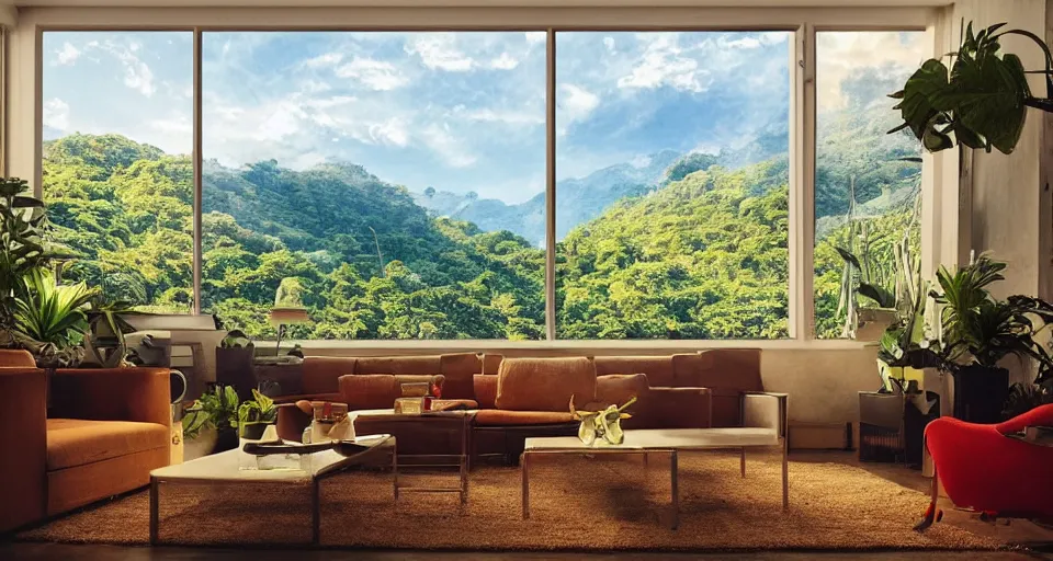 Image similar to looked at big window, architectural, mountains in background, cloud forest in background, tropical, sunny day time, clear sky, living room, furniture, IKEA catalogue, futuristic, ultra realistic, ultra detailed, cinematic light, anamorphic, by Paul Lehr