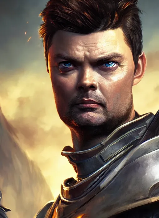 Image similar to A fantasy comic book style portrait painting of Karl Urban as a Paladin, unreal 5, DAZ, hyperrealistic, octane render, RPG portrait, dynamic lighting