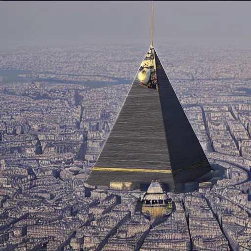 Prompt: pyramid shaped alien spaceship with flying rocket base over Paris France, photorealistic, 8k, detailed