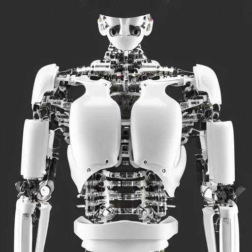Prompt: highly detailed chromium cybernetic endoskeleton in a white room : : transparent armor : : upper body closeup