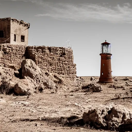 Image similar to an old roman lighthouse in the middle of the desert sitting on a rock, post apocalyptic