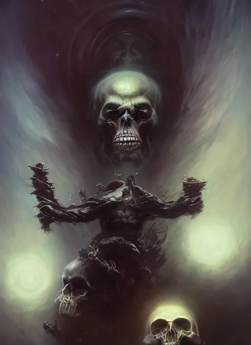 Image similar to shackled in the void of heaven, frank frank frazetta and cgsociety, stunning god sasquatch, charlie bowater and tom bagshaw, insanely detailed, artstation, space art, atoms surrounded by skulls, death, and spirits deep under the haze smaoke, horror, sci - fi, surrealist painting, by peter mohrbacher