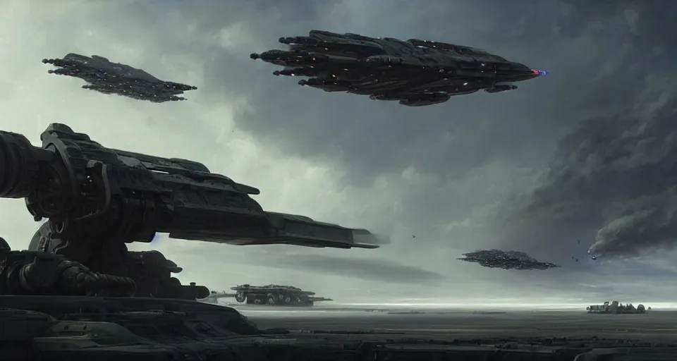 Image similar to hyper realistic sci - fi matte concept art painting of a low flying spaceship over a battlefield filled with mecha and transports, beautiful details, strong composition painted by kim jung guweta studio rutkowski, james gurney and greg rutkowski, and lucasfilm, smooth, intricate, detailed, sharp focus, cinematic