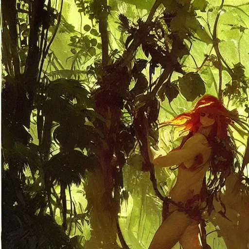 Image similar to beautiful jungle, dappled light, intricate, elegant, highly detailed, greg manchess, mucha, liepke, ruan jia, jeffrey catherine jones, ridley scott