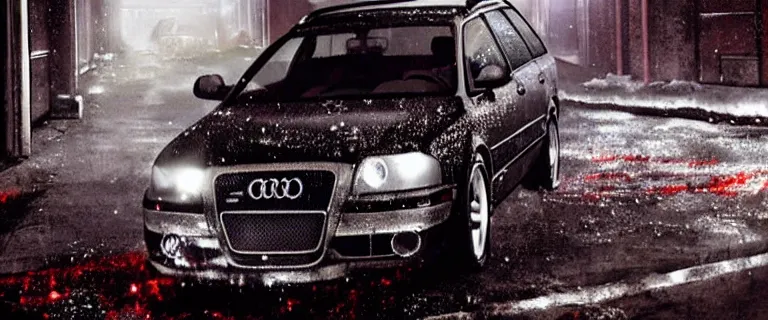 Image similar to Audi A4 B6 Avant (2002), a gritty neo-noir, dramatic lighting, cinematic, eerie person, death, homicide, homicide in the snow, viscera splattered, gunshots, bullet holes, establishing shot, extremely high detail, photorealistic, raging fire at a warehouse, arson, cinematic lighting, artstation, by simon stalenhag, Max Payne (PC) (2001) winter New York at night, In the style of Max Payne 1 graphic novel, flashing lights, Poets of the Fall - Late Goodbye