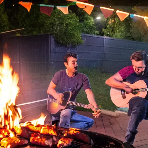 Prompt: two guys in night at the yard grilling kebabs and one guy playing guitar
