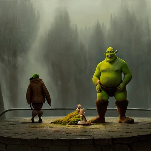 Image similar to shrek vs armstrong on helipad during storm, hyperrealism, no blur, 4 k resolution, ultra detailed, style of dragan bibin, denis villeneuve, tyler edlin, greg rutkowski