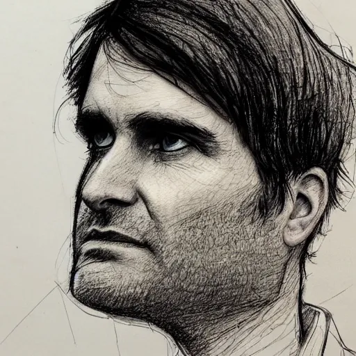 Image similar to a realistic yet scraggly portrait sketch of the side profile of a stern and sophisticated ben gibbard, trending on artstation, intricate details, in the style of frank auerbach, in the style of sergio aragones, in the style of martin ansin, in the style of david aja, in the style of mattias adolfsson