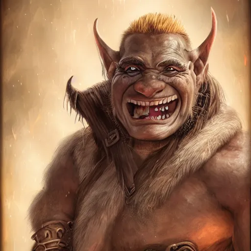 Image similar to a detailed portrait of a cute orc boy smiling, fantasy art illustration, incredibly highly detailed and realistic, 8 k, sharp focus