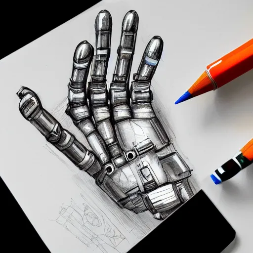 Image similar to robotic hand holding a pencil, artstation, digital art, top view