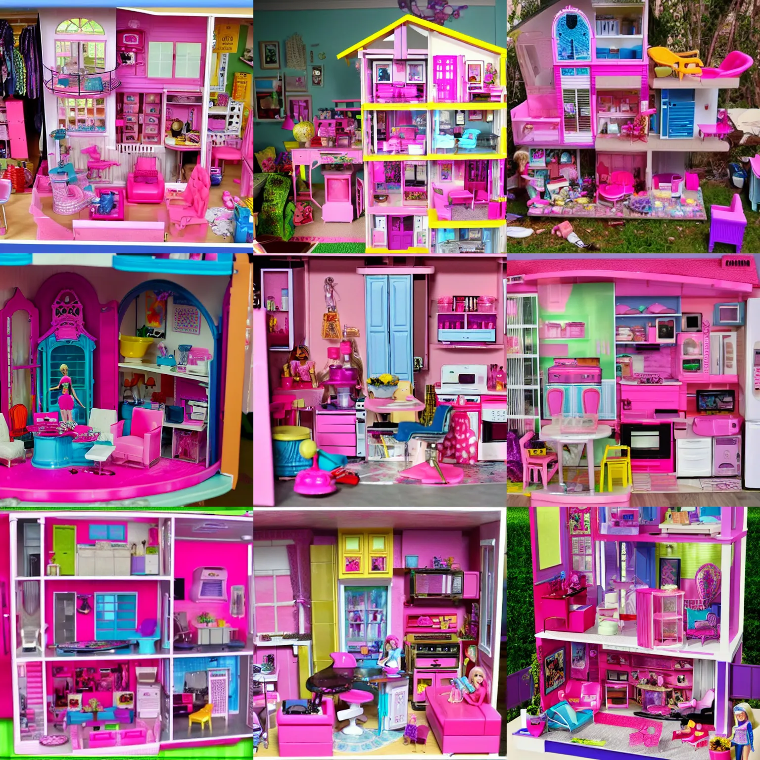 Prompt: barbie dreamhouse but it is all cluttered and messy and full of junk like a hoarder