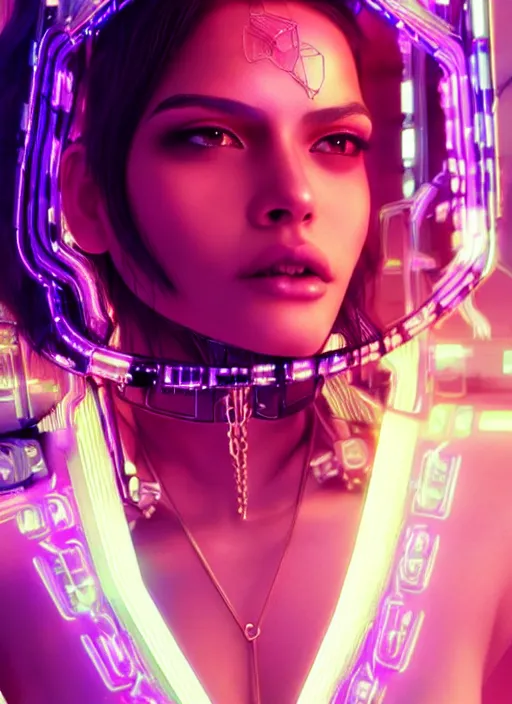 Image similar to a latino female humanoid, cyber neon lighting, futurism, cyberpunk high fashion, glamor profile pose, hyper photorealistic, intricate futuristic jewelry, crispy quality, digital photography, trending in artstation, trending in pinterest, cinematic, 4 k ultra hd, art by pascal blanche, art by greg rutkowski,