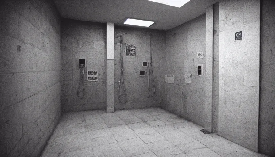 Image similar to 60s movie still of a sovietic stalinist style empty dark prison shower, cinestill 800t 50mm eastmancolor, liminal Space style, heavy grain-s 150