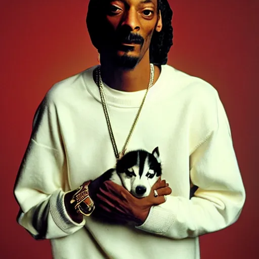 Prompt: Snoop Dogg holding a Husky for a 1990s sitcom tv show, Studio Photograph, portrait, C 12.0