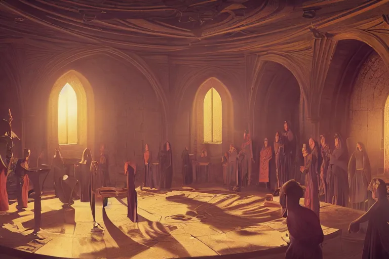 Image similar to cultist secret meeting taking place in an art deco townhall in a oriental medieval fantasy village. incredible voluminous indirect soft glow cinematic lighting, hyperdetailed features, movie still, intricate, octane render, unreal engine, crepuscular rays, god rays, by beeple and rhads and donato giancola