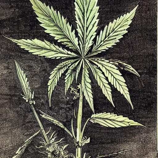 Image similar to botanical drawing of a cannabis plant. pen, ink and watercolor, fine details, by leonardo da vinci