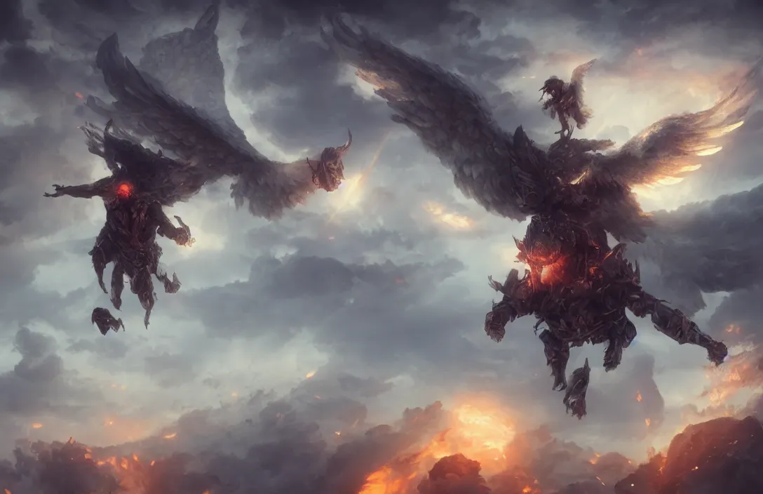 Image similar to an angel flying over hell, digital painting, concept art, smooth, sharp focus, hyperrealistic, illustration, artstation trending, octane render, unreal engine, ambient light, dynamic lighting, magical, dark fantasy