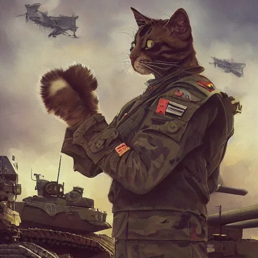 Prompt: Portrait face fuzzy ears furry ripped physique kitty cat general camouflaged as a kitty cat man wearing a military officer uniform standing atop a panzer tank charlie bowater elina brotherus greg rutkowski Dan Witz norman rockwell victo ngai