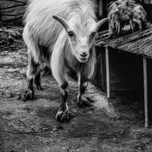 Image similar to horror photography, cinematic, daytime, wide shot, snarling mutant goat monster with a mouth crammed full of sharp teeth and filthy matted fur, village square, terrified villagers