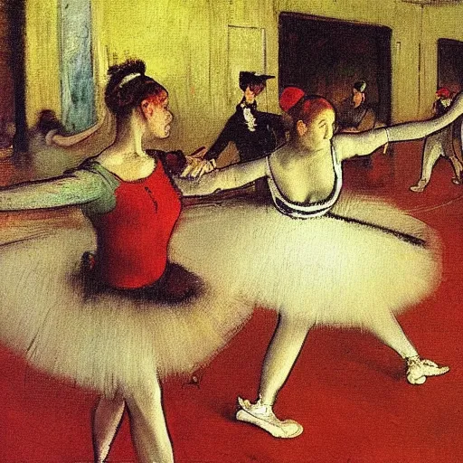 Prompt: a painting of hip hop dancers by edgar degas