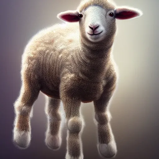 Image similar to lamb wearing a sweater, matte painting, full body shot 4k, blurry background, artwork, artstation,