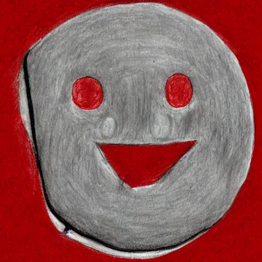 Image similar to primitive drawing of smiling circle face with thumb up hand and red eyes. Сhild drawing picture