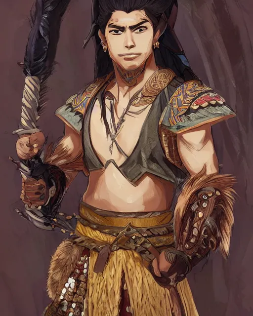 Image similar to an anime portrait of lapu - lapu as a beautiful man wearing filipino traditional clothing from skyrim, by stanley artgerm lau, wlop, rossdraws, james jean, andrei riabovitchev, marc simonetti, and sakimichan, trending on artstation