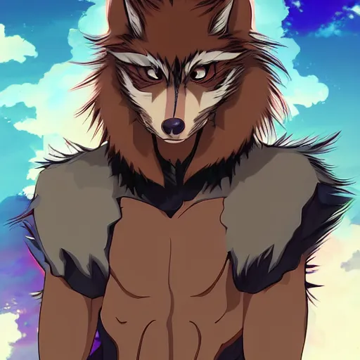 Prompt: key anime visual portrait of an anthropomorphic male wolf furry fursona, handsome eyes, official anime concept anime art