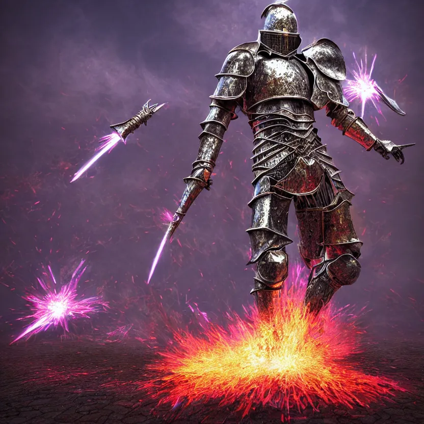 Image similar to hyper realistic matte painting of a medieval fantasy knight in a t - pose exploding into colorful metal shrapnel, octane render by alex grey