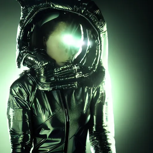 Image similar to 1 9 8 0 s sci - fi portrait photo, a woman wearing a dramatic silver foil and rubber hose spacesuit costume standing on a dark and mysterious alien planet, atmospheric fog, light beams, 4 k